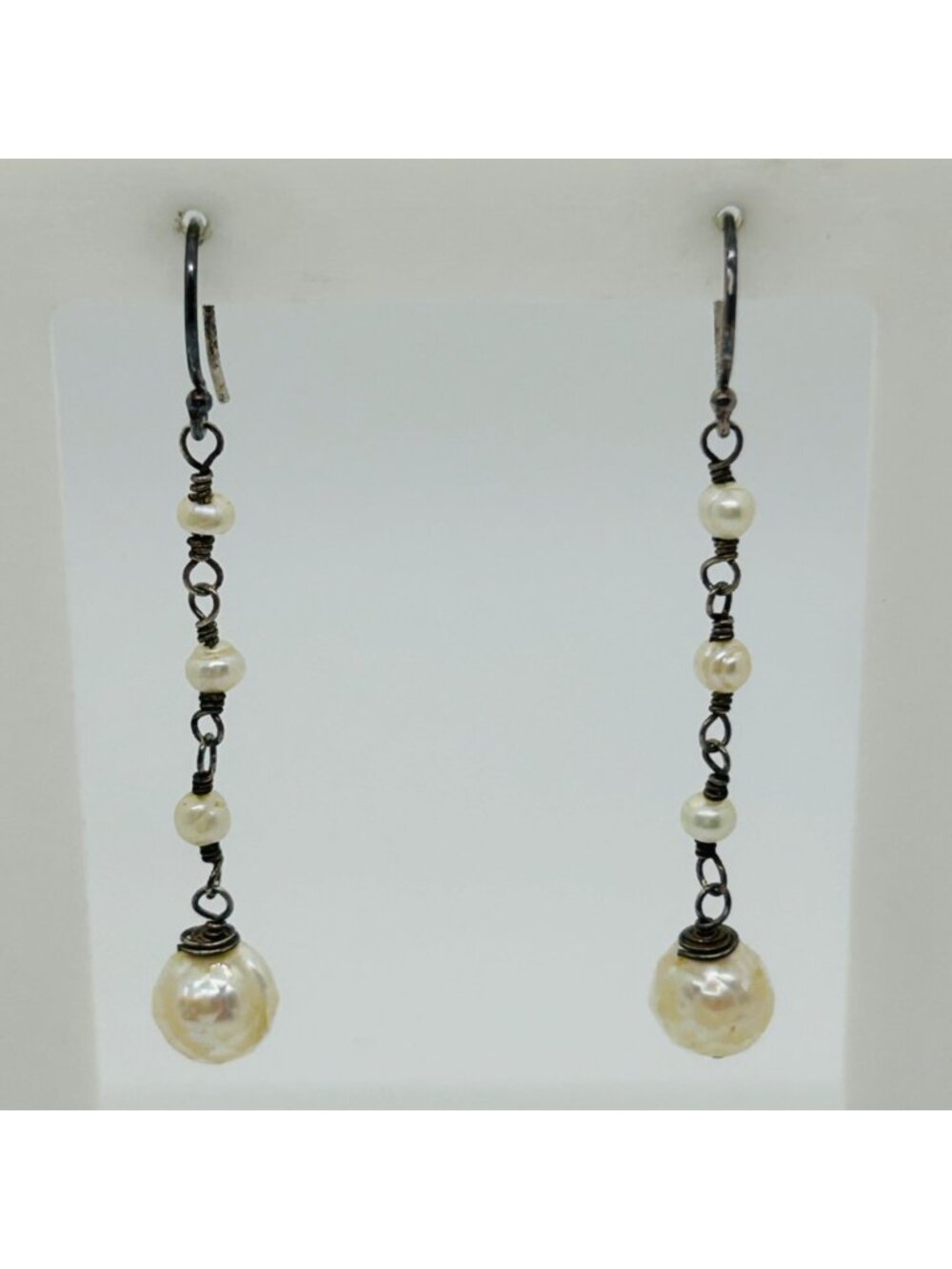 Glass Pearls Tiered Dangle Drop Handmade Long Artisanal Unmarked Silver Hooks